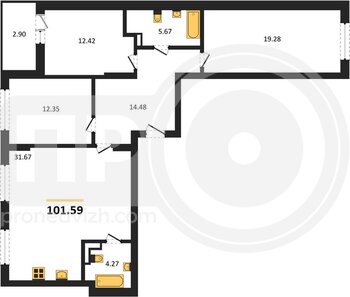 Миниатюра 3-комнатная квартира, 101.59кв.м