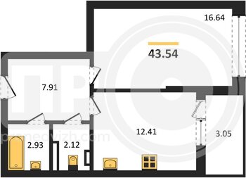 Миниатюра 1-комнатная квартира, 43.54кв.м