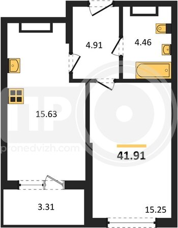 Миниатюра 1-комнатная квартира, 41.91кв.м