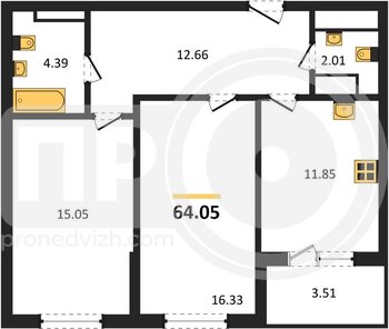 Миниатюра 2-комнатная квартира, 64.05кв.м