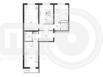 Миниатюра 3-комнатная квартира, 91.6кв.м