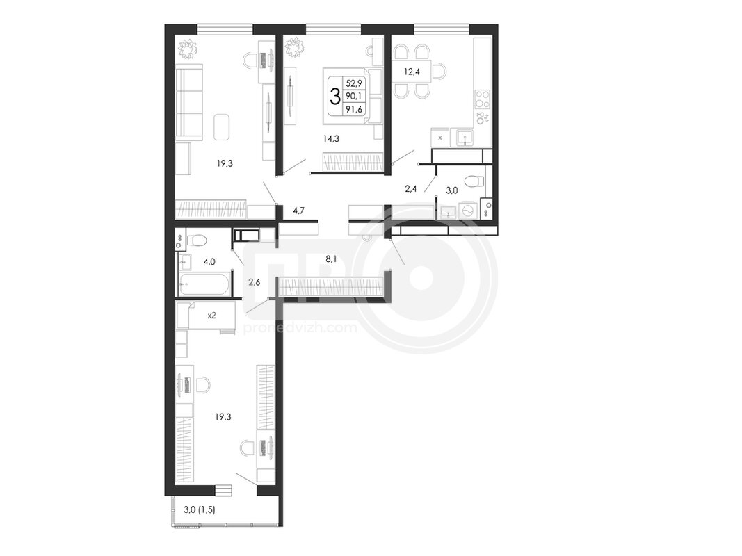 3-комнатная квартира, 91.6кв.м