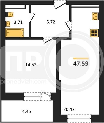 Миниатюра 1-комнатная квартира, 47.81кв.м