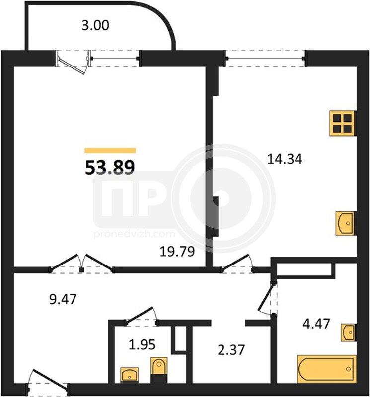 1-комнатная квартира, 53.89кв.м
