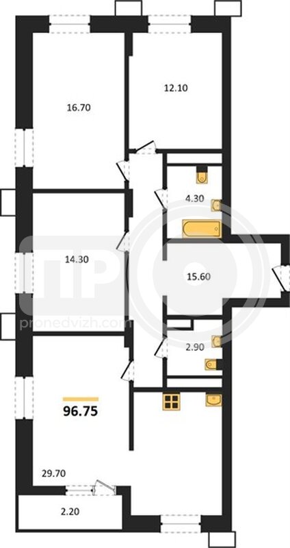 3-комнатная квартира, 96.75кв.м