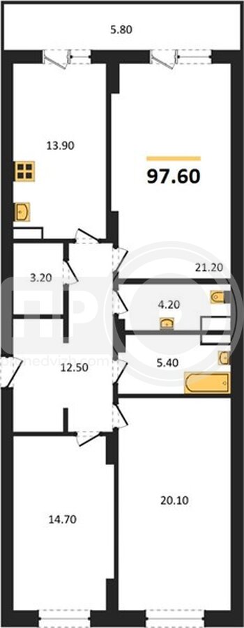 Миниатюра 3-комнатная квартира, 97.6кв.м