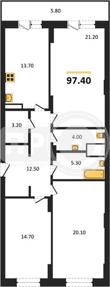 Миниатюра 3-комнатная квартира, 97.4кв.м