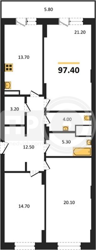 3-комнатная квартира, 97.4кв.м