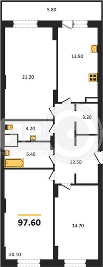 Миниатюра 3-комнатная квартира, 97.6кв.м