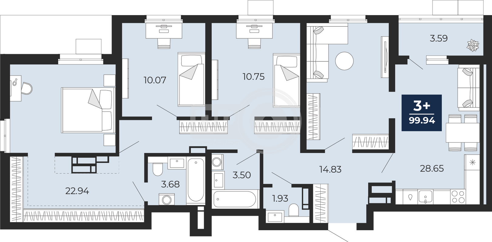 3-комнатная квартира, 99.94кв.м