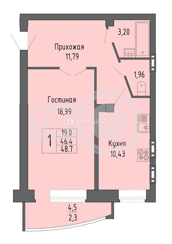 1к, 15/16 К, Россия, Воронеж, улица Лётчика Филипова, 4, 46.4 кв.м