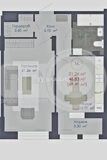 Миниатюра 1к, 12/22 К, Россия, Воронеж, Солнечная улица, 2А, 47.2 кв.м