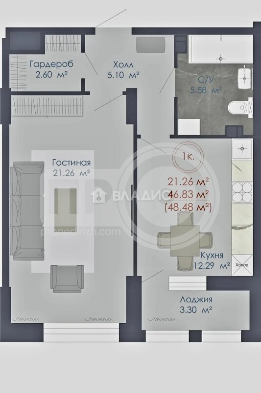 1к, 12/22 К, Россия, Воронеж, Солнечная улица, 2А, 47.2 кв.м