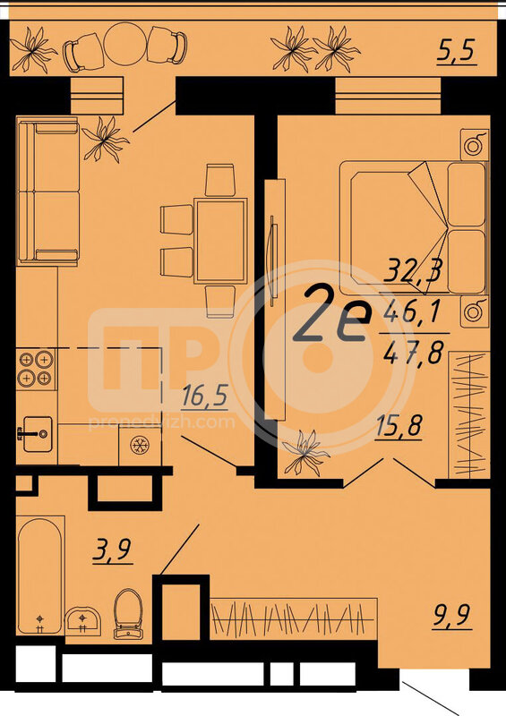 2-комнатная квартира, 47.8кв.м