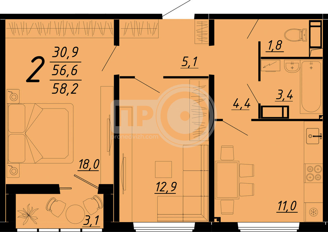 2-комнатная квартира, 58.2кв.м