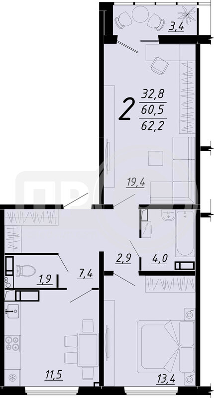 2-комнатная квартира, 62.2кв.м