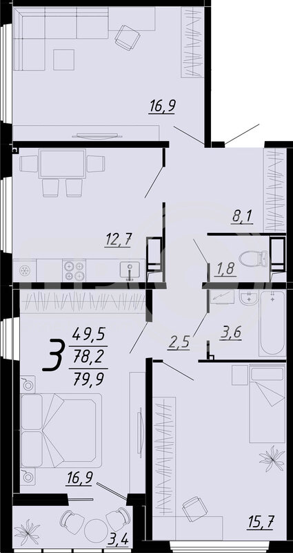 3-комнатная квартира, 79.8кв.м