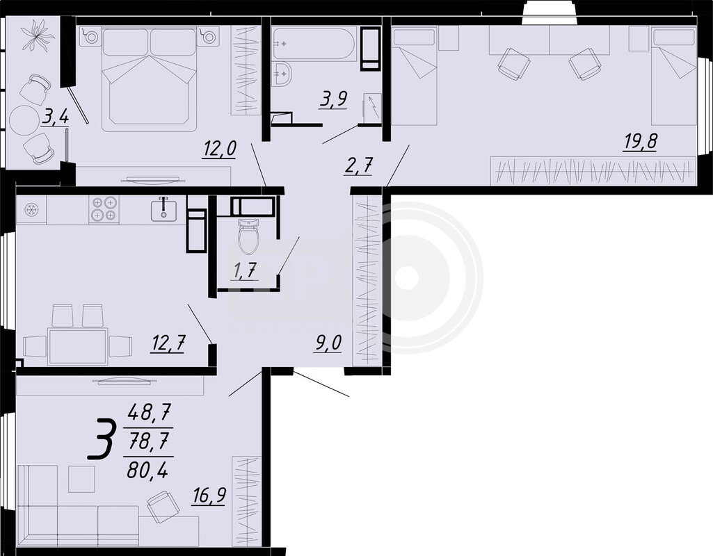 3-комнатная квартира, 80.3кв.м