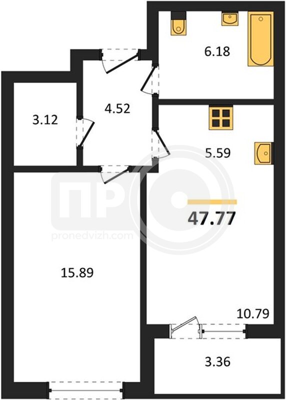 1-комнатная квартира, 47.79кв.м