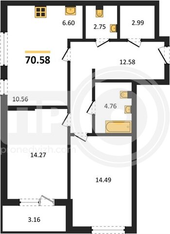 Миниатюра 2-комнатная квартира, 70.5кв.м