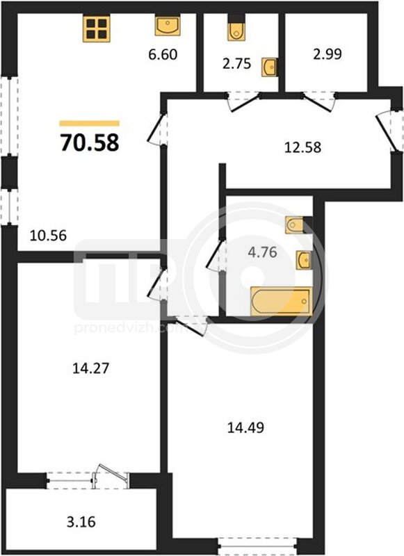 2-комнатная квартира, 70.5кв.м