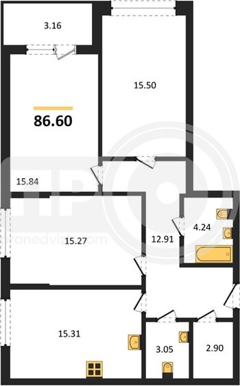 Миниатюра 3-комнатная квартира, 86.63кв.м