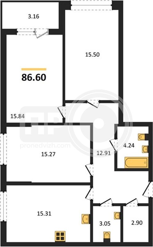 3-комнатная квартира, 86.63кв.м