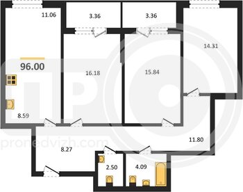 Миниатюра 3-комнатная квартира, 96.14кв.м