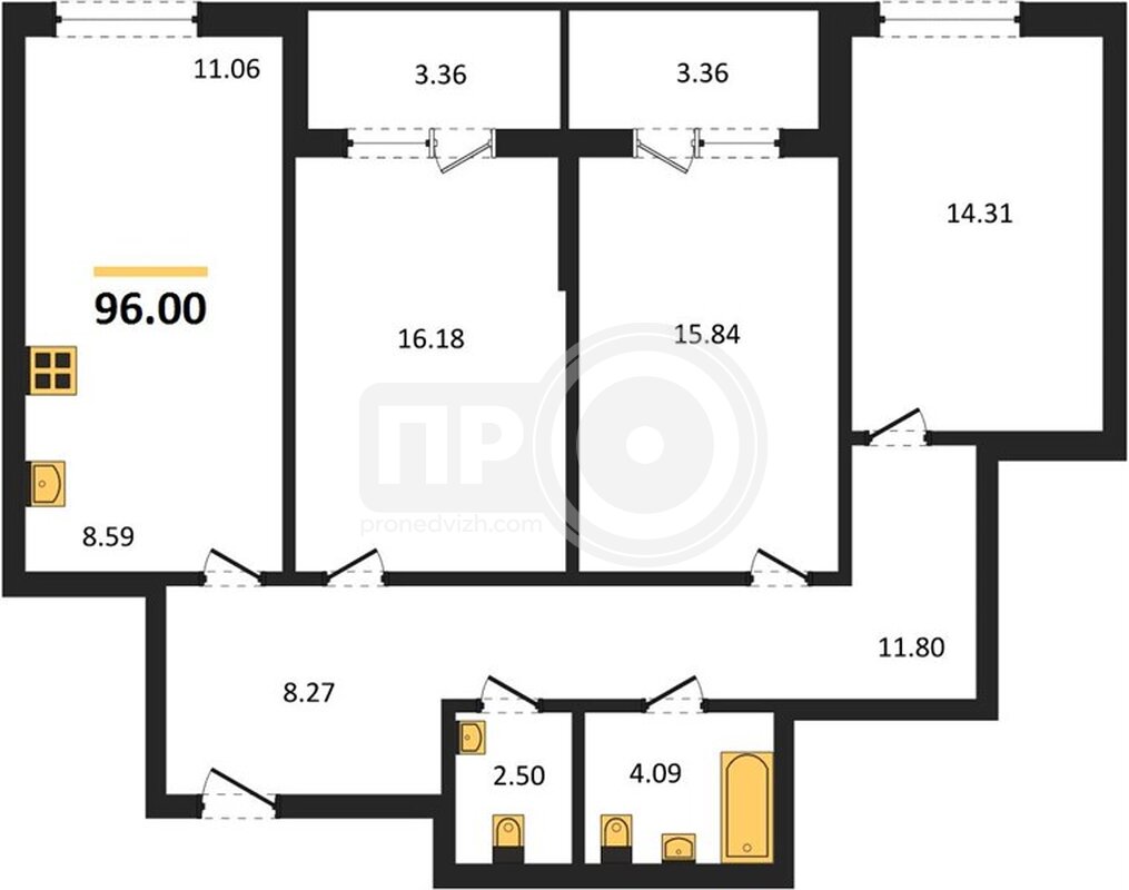 3-комнатная квартира, 96.14кв.м