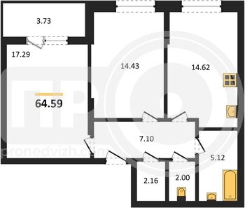 Миниатюра 2-комнатная квартира, 64.64кв.м