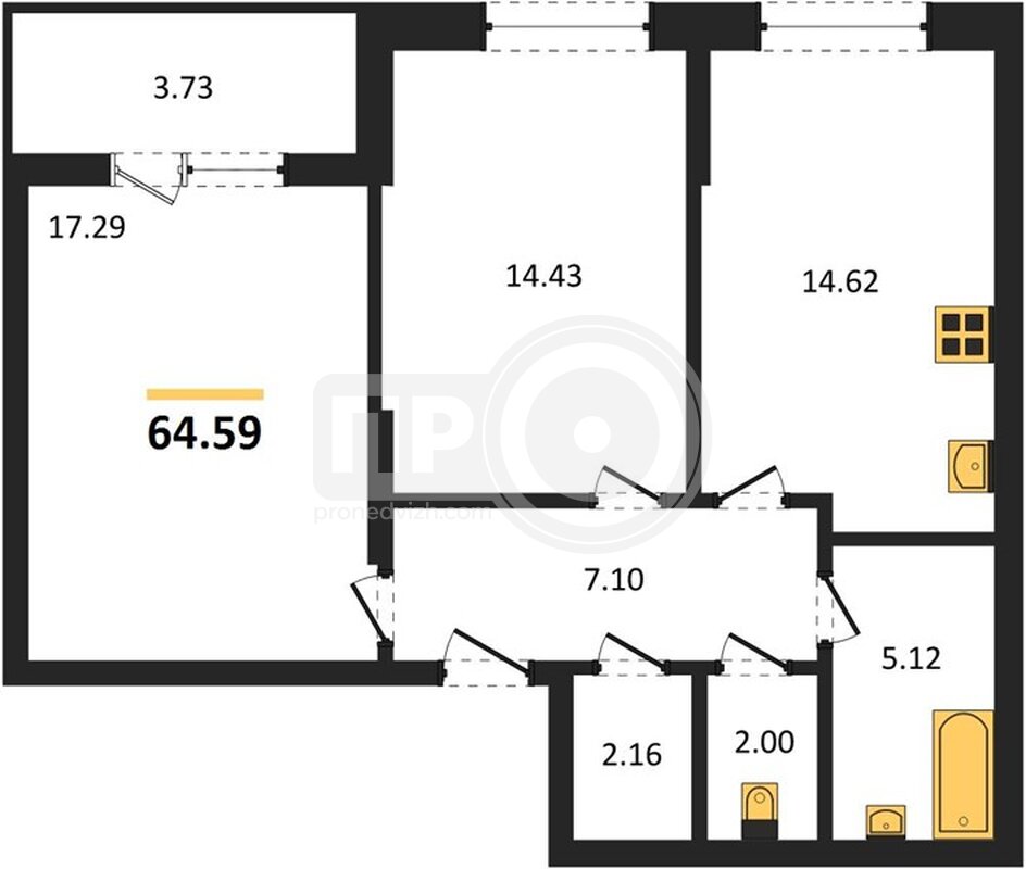 2-комнатная квартира, 64.64кв.м