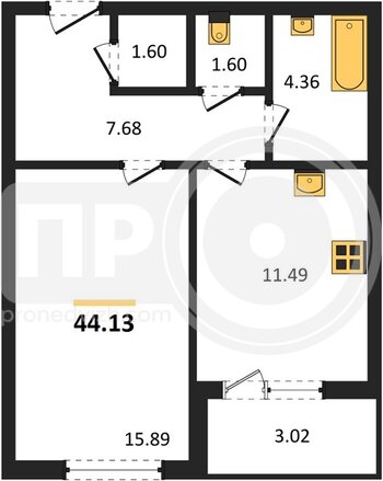 Миниатюра 1-комнатная квартира, 43.89кв.м