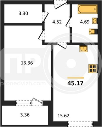 Миниатюра 1-комнатная квартира, 45.41кв.м