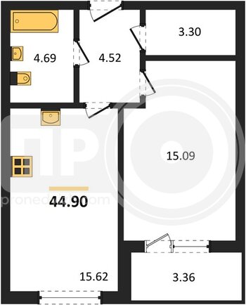 Миниатюра 1-комнатная квартира, 45.19кв.м
