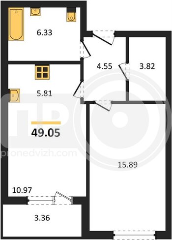 Миниатюра 1-комнатная квартира, 48.75кв.м