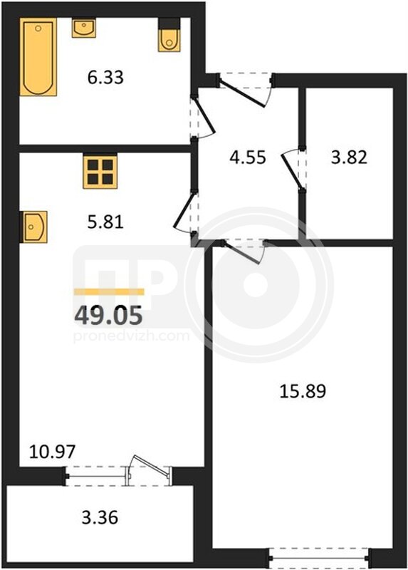1-комнатная квартира, 48.75кв.м
