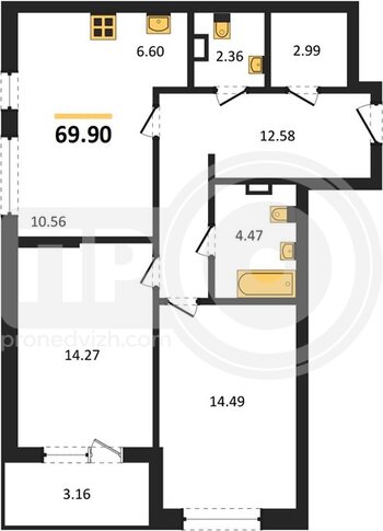 Миниатюра 2-комнатная квартира, 69.92кв.м