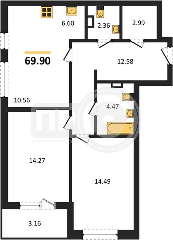 2-комнатная квартира, 69.92кв.м