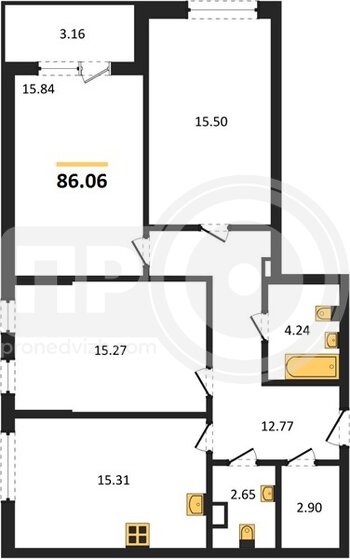 Миниатюра 3-комнатная квартира, 86.09кв.м