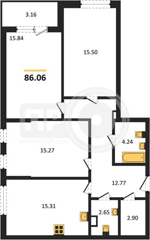 3-комнатная квартира, 86.09кв.м