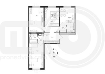 Миниатюра 3-комнатная квартира, 89.3кв.м
