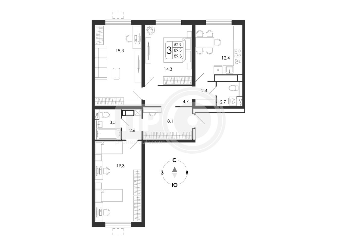 3-комнатная квартира, 89.3кв.м