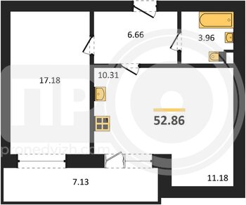 Миниатюра 1-комнатная квартира, 52.86кв.м
