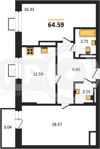 Миниатюра 2-комнатная квартира, 64.59кв.м