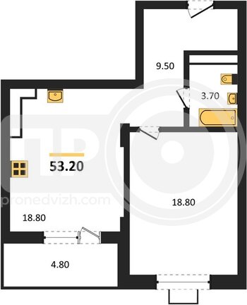 Миниатюра 1-комнатная квартира, 53.2кв.м