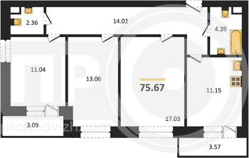 Миниатюра 3-комнатная квартира, 75.67кв.м